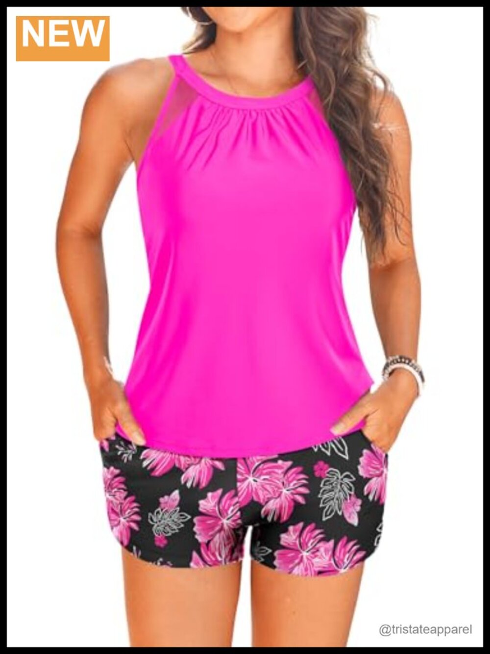 High Neck Tankini Set with Pockets and Shorts Adjustable Straps Two Piece